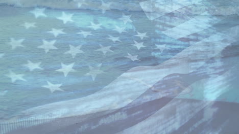 digital composition of waving us flag against data processing