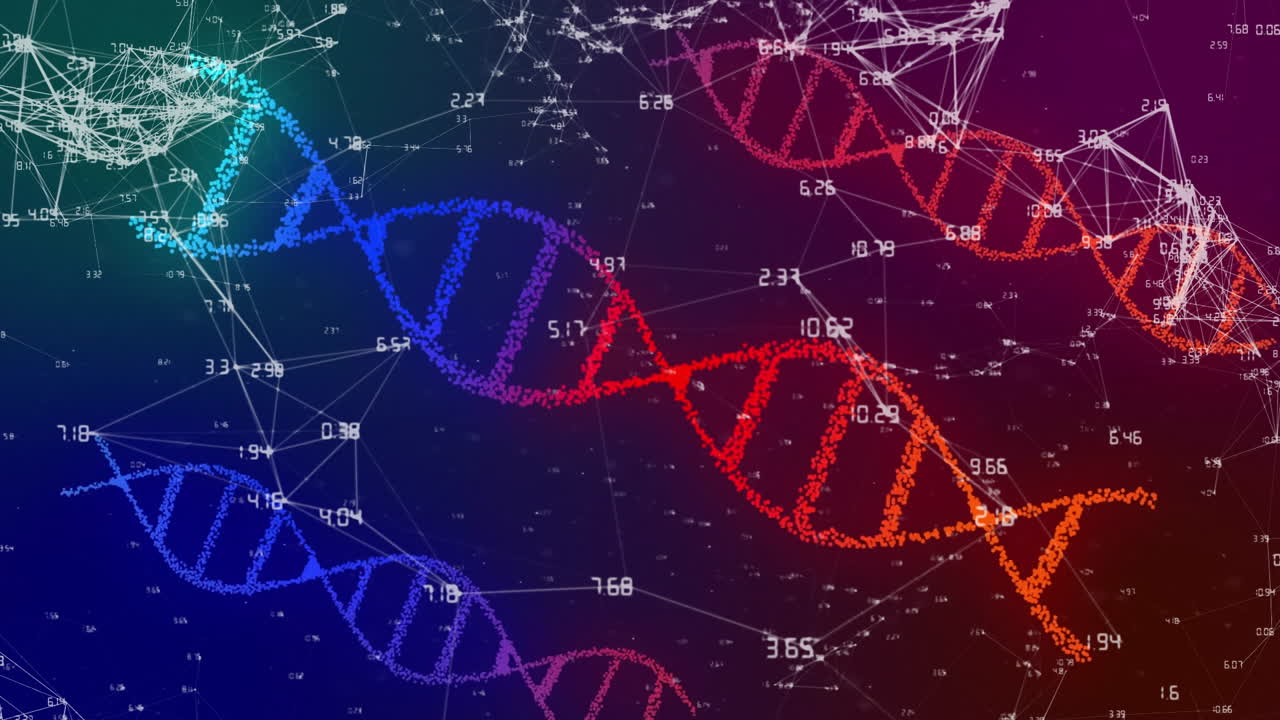 Animation showing DNA strands and numerical data in digital network visualization