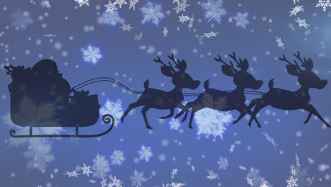 Snowflakes-falling-over-santa-claus-in-sleigh-being-pulled-by-reindeers-on-blue-background