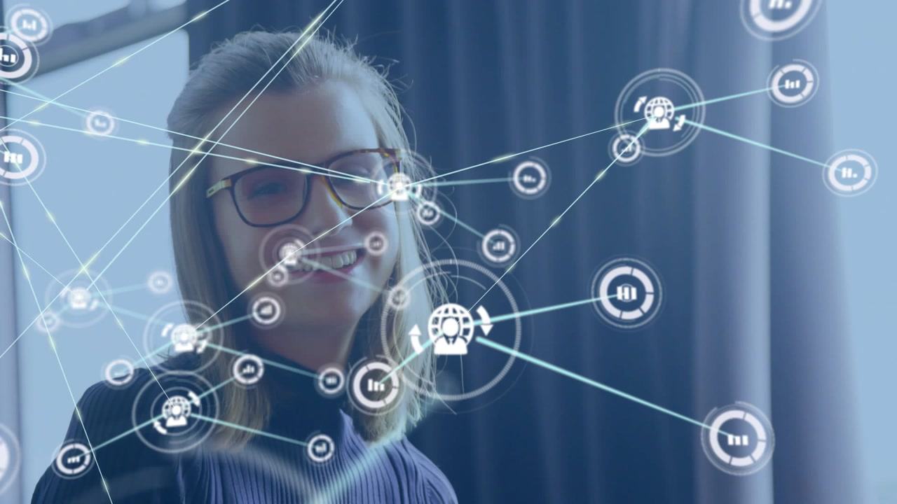 Office woman tapping tablet, creating network overlay moving over her with graphs, analyzing data