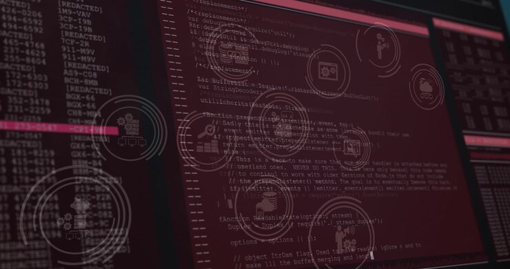 Animation of falling icons over data processing on dark background