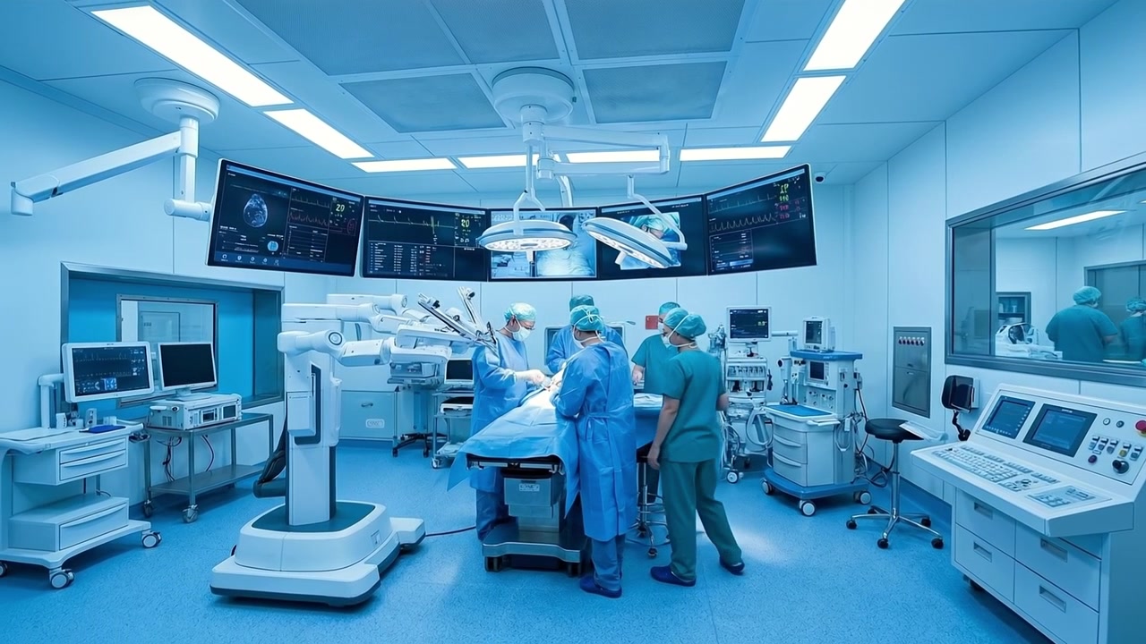 Surgeons performing a robotic-assisted surgery in a high-tech operating room with multiple monitors