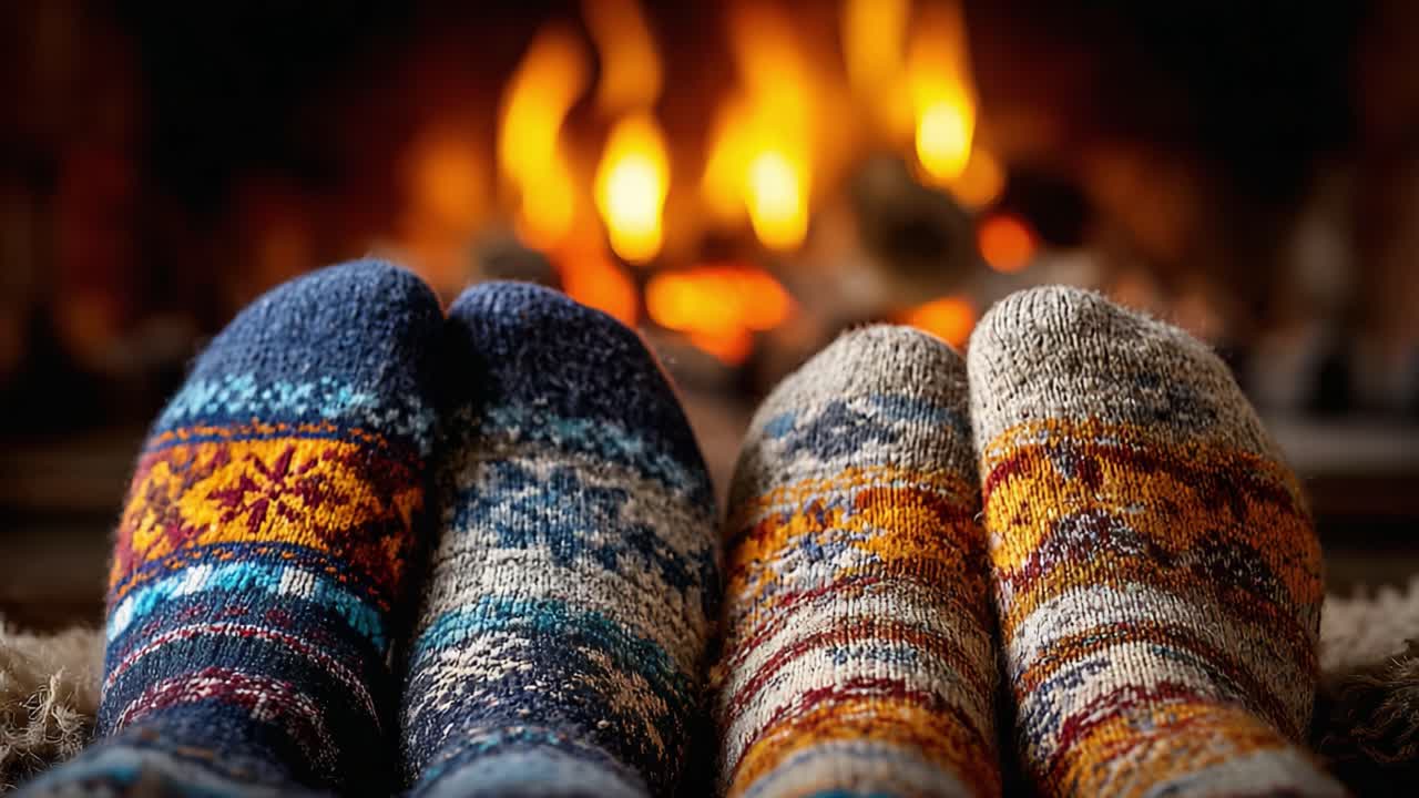 Cozy Winter Evening with Knitted Socks by the Fire, Embracing Warmth and Comfort in a Relaxing Atmosphere Surrounded by Flickering Flames