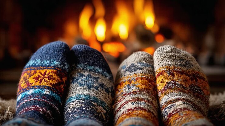 Accogliente serata invernale con calzettoni di lana davanti al fuoco, circondati da un'atmosfera calda e confortevole e dal bagliore delle fiamme