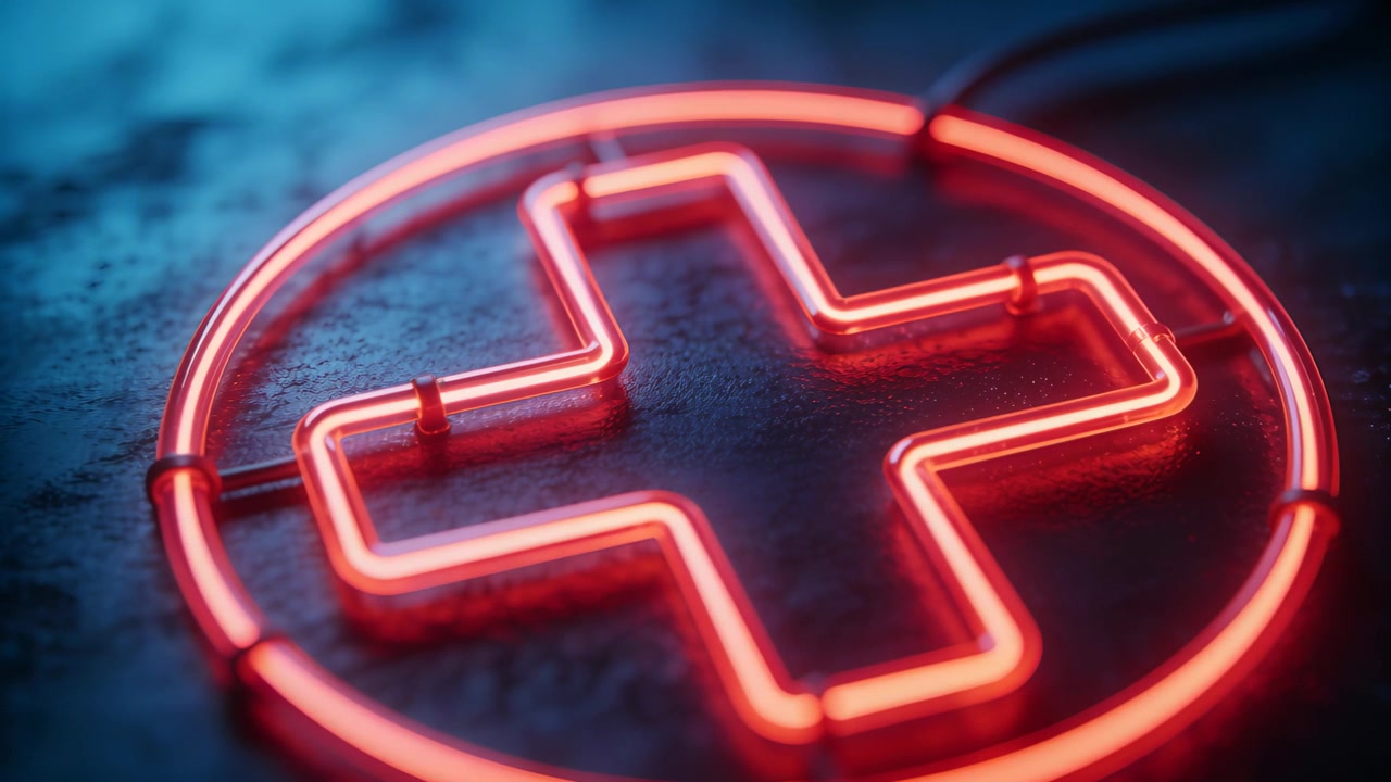 Telecamera in movimento che rivela una croce al neon rossa in studio su una superficie scura e texturizzata, mostrando cavi e supporti