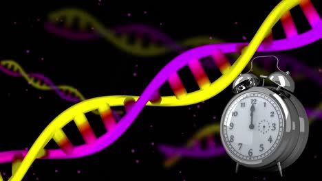 Animation-of-clock-moving-over-dna-strands-on-black-background