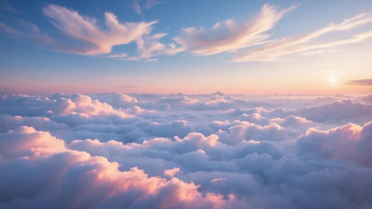 Vue panoramique au-dessus des nuages au coucher du soleil