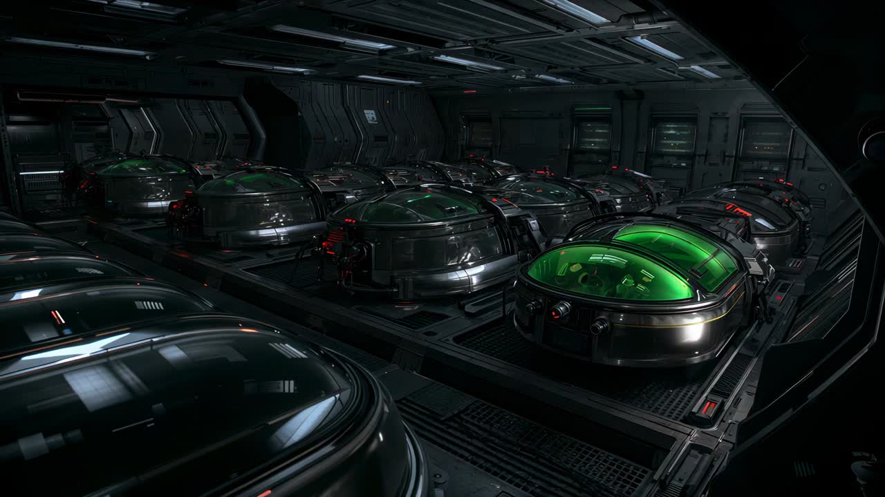 Sliding camera revealing bank of metal containment pods in cargo bay, inspecting green-domed units