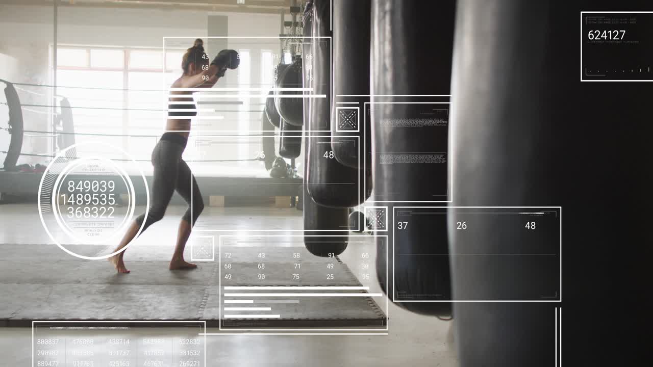 Female trainee initiating jab then flowing combos beside bags, HUD panels tracking boxing metrics