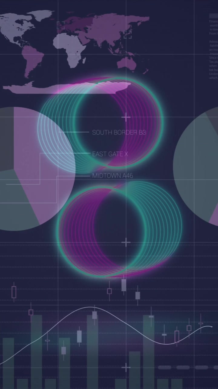 Animation of neon rings spinning over statistical data processing against blue background