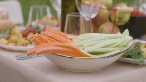 close-up de uma mesa de jantar com variedade de alimentos e bebidas para uma festa ao ar livre no parque 6