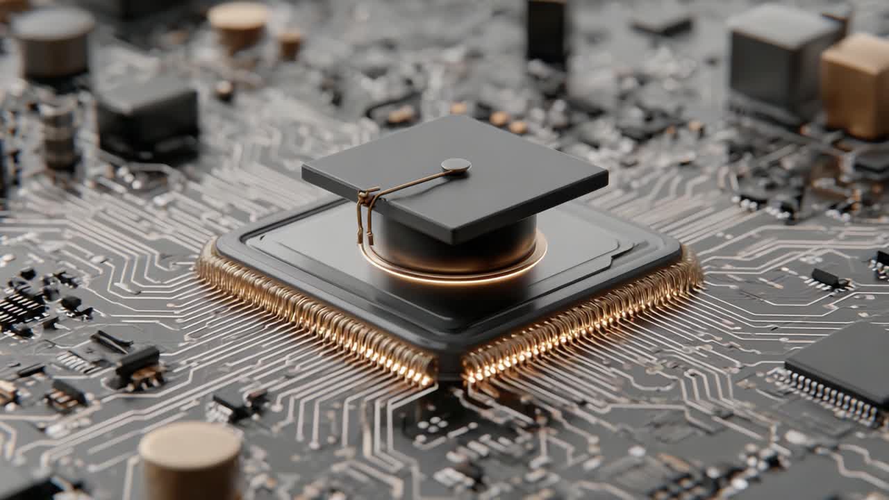 A Close-Up Perspective of a Computer Processor on a Circuit Board with a Graduation Cap, Representing the Intersection of Technology and Education