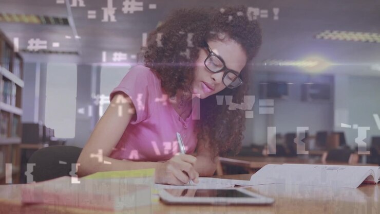 Animation of data processing over businesswoman taking notes