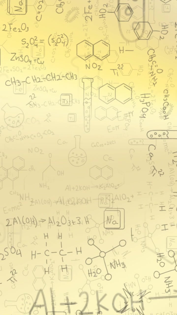 Animation of chemical equations and multiple scientific drawings against gradient background