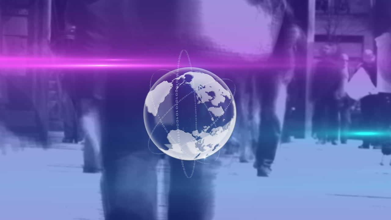 고 있는 사람들 위에 있는 빛의 흔적과 지구의 애니메이션