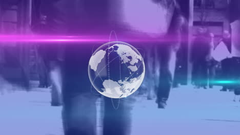 animation of light trails and globe over people walking