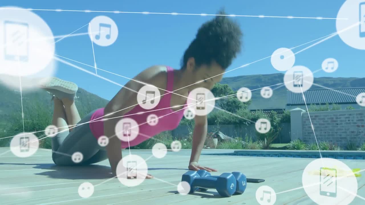 무을 밀어붙이는 아프리카계 미국인 여성 위에 연결된 아이콘의 애니메이션