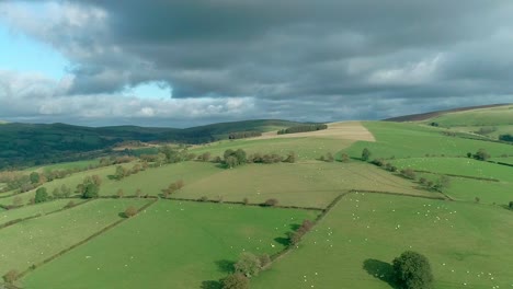 Sideways-aerial-of-welsh-farmland-in-Powys-county