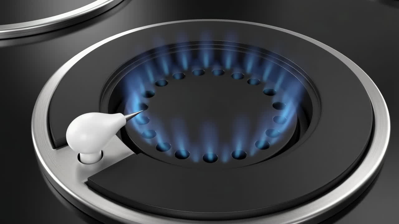 Close-up of a gas stove burner with blue flames and igniter