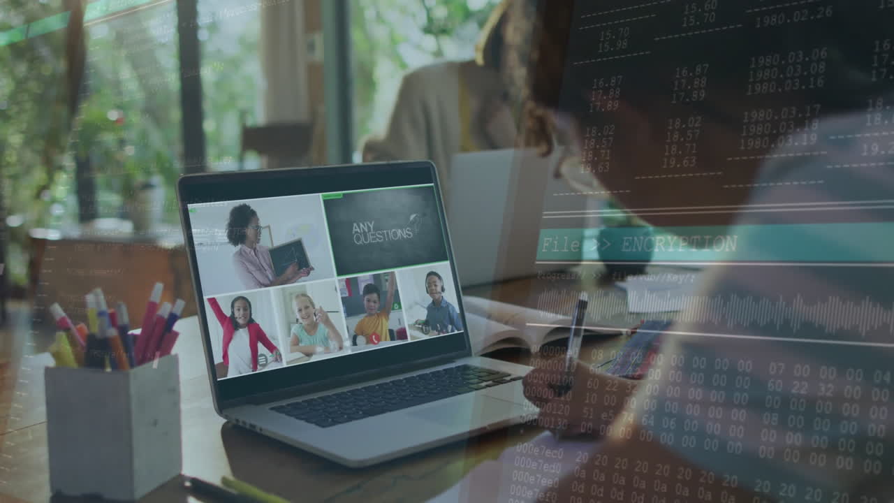Virtual classroom session on laptop screen with data encryption overlay animation