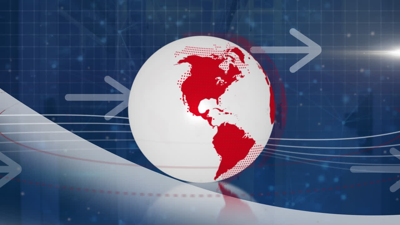 회전하는 지구, 으로 움직이는 화살표 및 컴퓨터 서버 방에 대한 빛의 점의 애니메이션