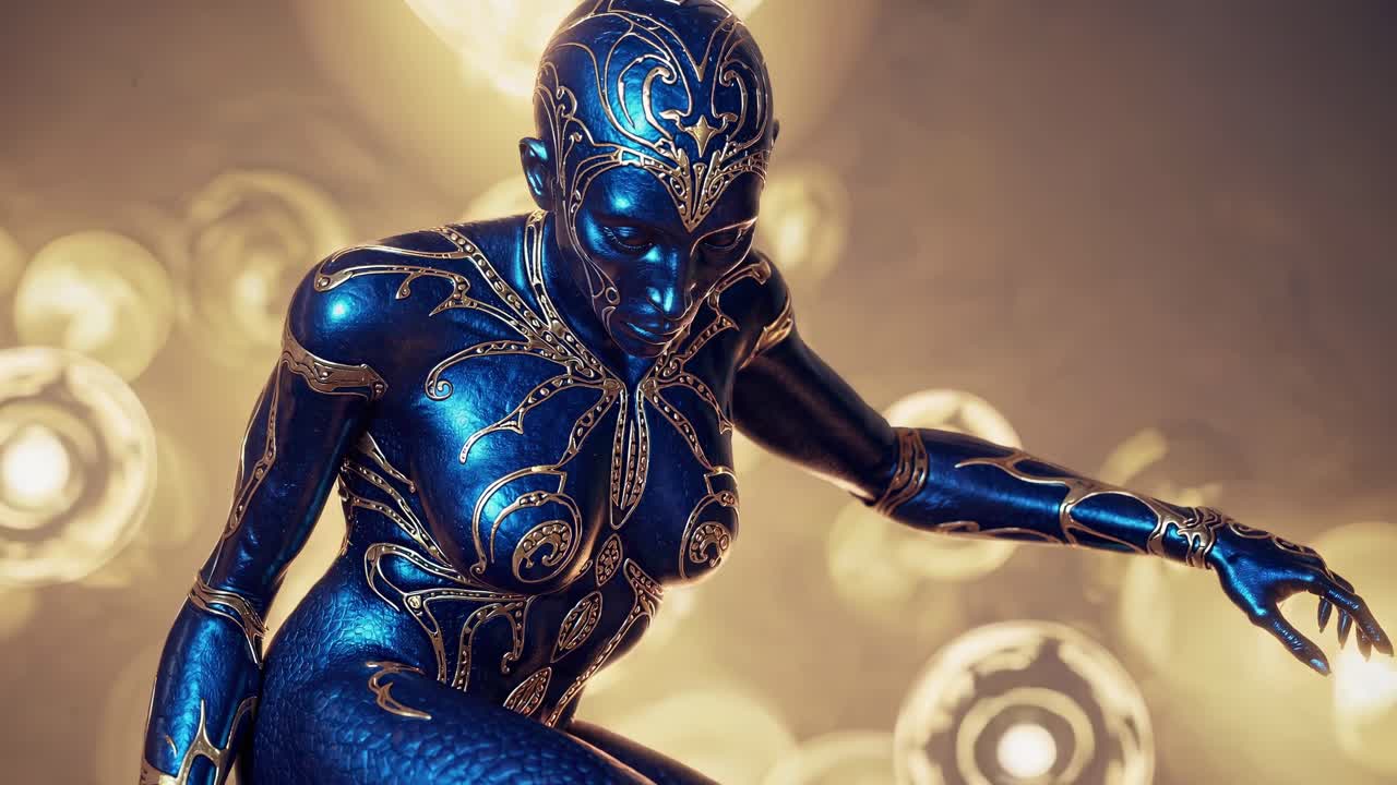 Blue alien with golden tribal tattoos gracefully posing against a backdrop of soft, ethereal lights, creating a mesmerizing blend of cosmic elegance and otherworldly beauty
