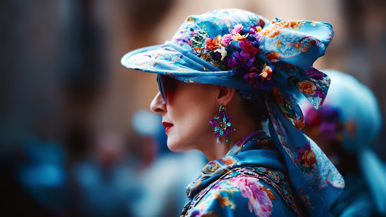 A Stunning Portrait of a Fashionable Woman in a Blue Floral Ensemble with Statement Hat and Bold Accessories, Showcasing Elegance and Style in a Vibrant Setting
