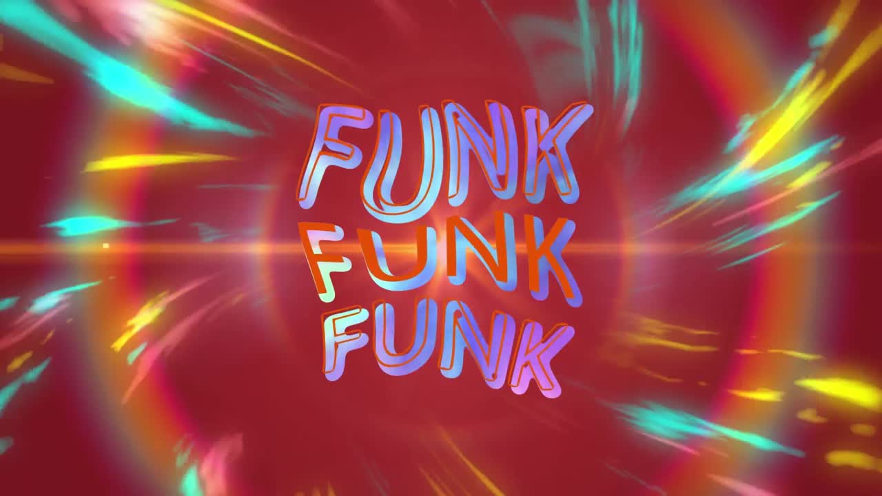Animation of funk in bending colourful text over colourful swirls on red