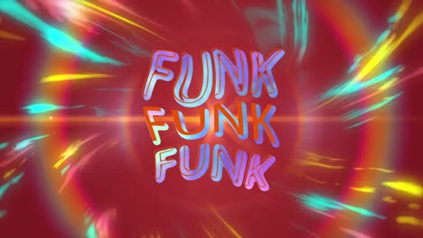 Animation-of-funk-in-bending-colourful-text-over-colourful-swirls-on-red