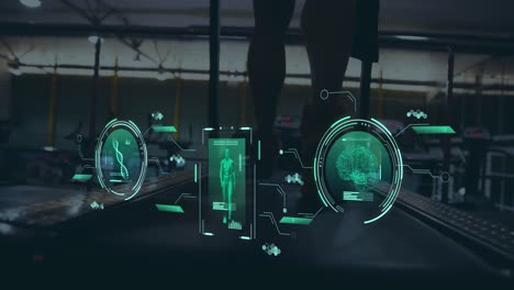 animación del procesamiento de datos sobre un hombre caucásico en una cinta de correr, haciendo ejercicio en el gimnasio