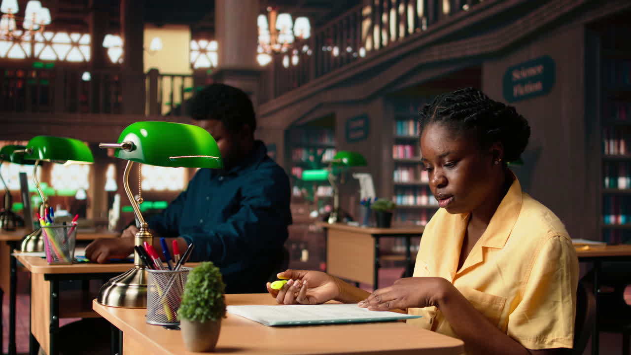 African american scholar highlighting the relevant information from class notes