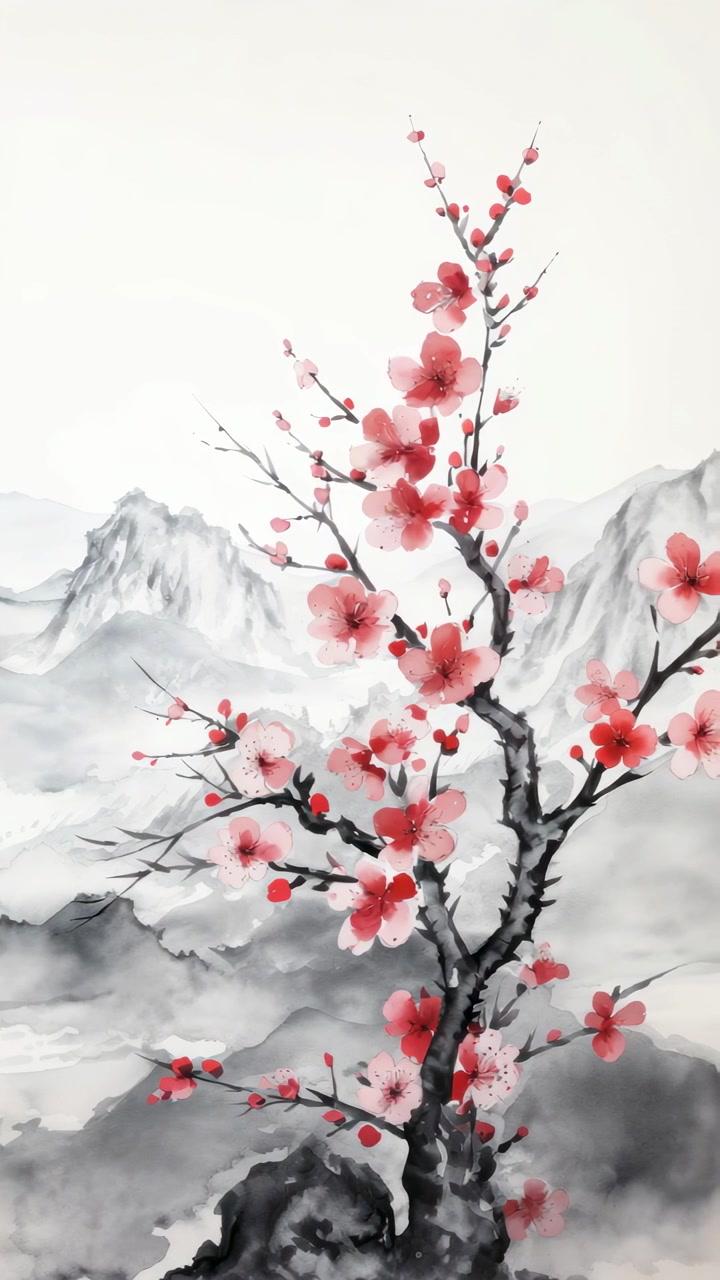 Dipinto tradizionale asiatico ad acquerello di fiori di ciliegio e montagne