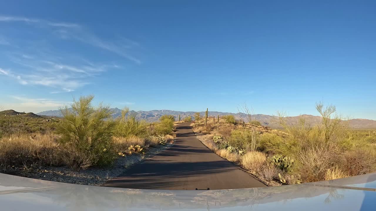 punto de vista - conduciendo en una cresta por encima del bosque de saguaro hacia las montañas rincón en el parque nacional de sanguaro en arizona