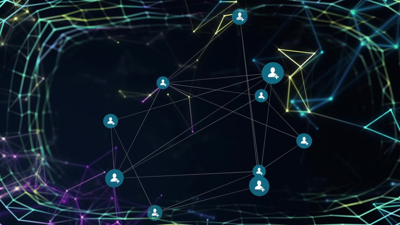 Animation of network of connections with icons over shapes on black background