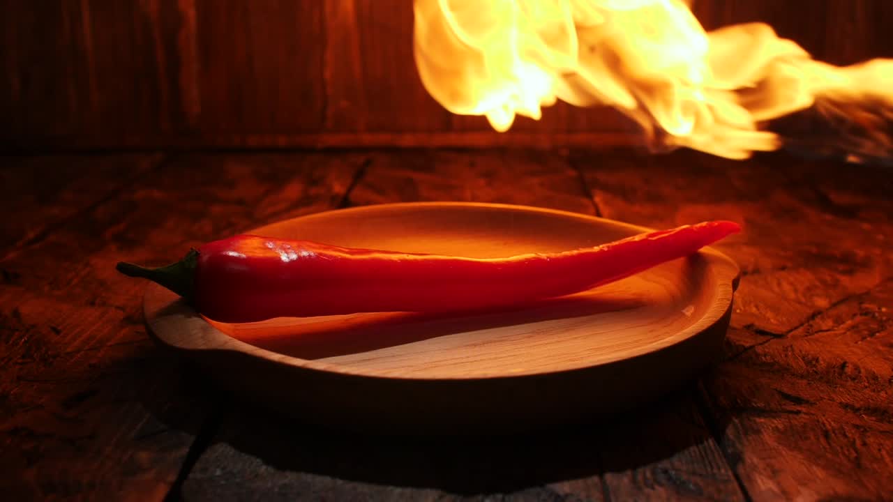 pimienta de chile en llamas en un plato de madera