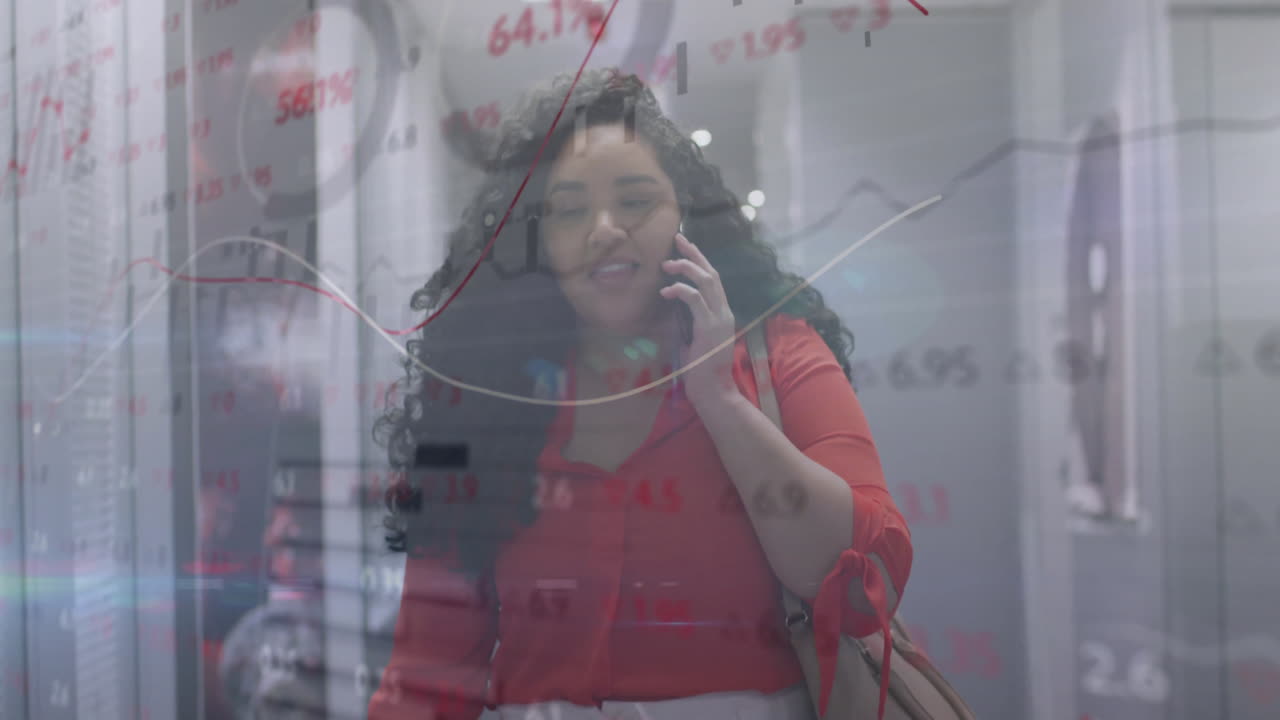 Talking on phone, businesswoman with financial data charts overlaying animation