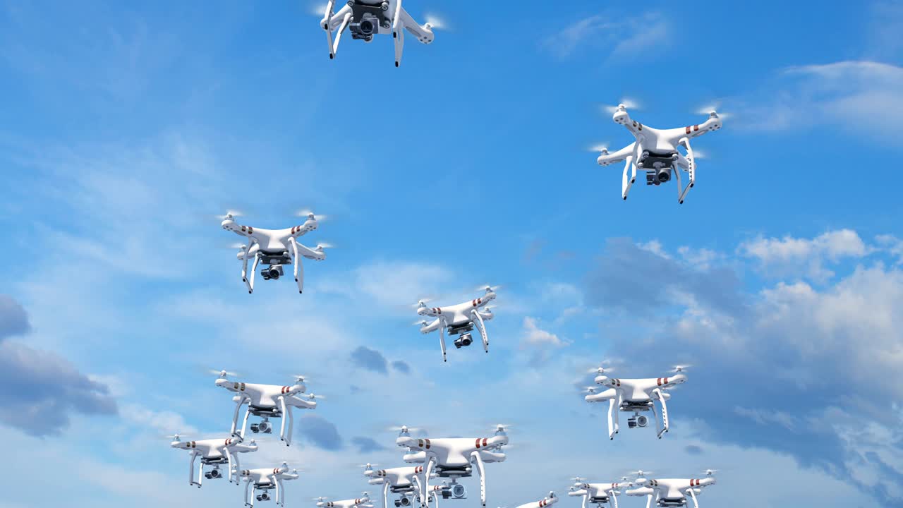 많은 드 터가 구름 속에서 날아다니며 카메라로 촬영합니다. 녹색 스크린과 알파 마스크를 가진 루프 3d 애니메이션. 프레임 92-195은 루프가 가능합니다.