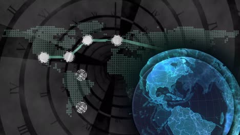 animación del globo y la red en el mapa del mundo con procesamiento de datos sobre espiral giratoria