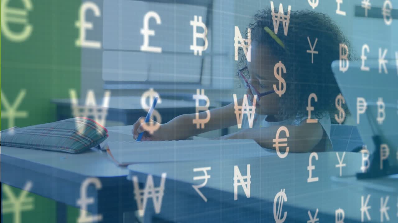 Student girl picking up blue pen and writing finance notes as animated symbols scrolling and fading