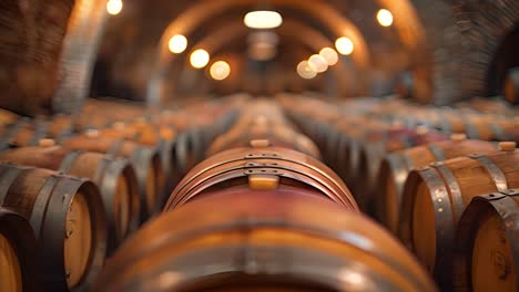 long perspective of wine barrels in an arched cellar