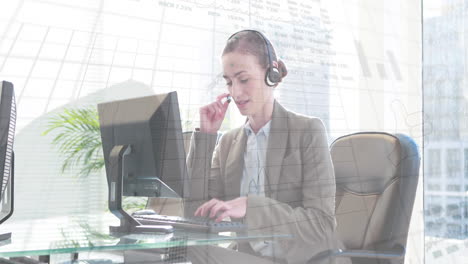animación del procesamiento de datos del mercado de valores sobre una mujer caucásica hablando por teléfono con auriculares en la oficina
