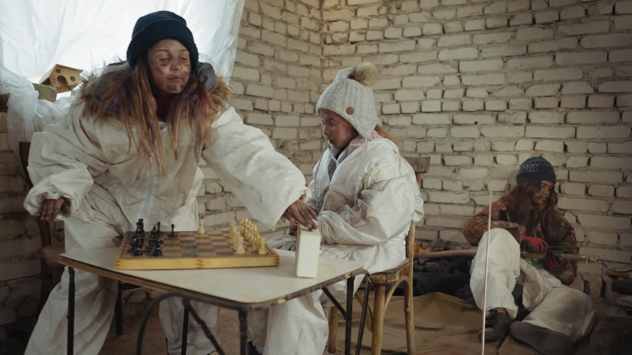 Заброшенные дети в зимней одежде увлеченно играют в шахматы рядом с тикающими часами в холодной кирпичной комнате, а третья девочка сидит в углу в перчатках и тихо бренчит на гитаре, создавая атмосферу напряженности и борьбы за выживание.