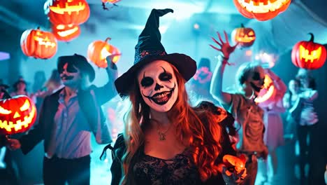 a woman dressed as a witch holding a pumpkin in front of a group of people