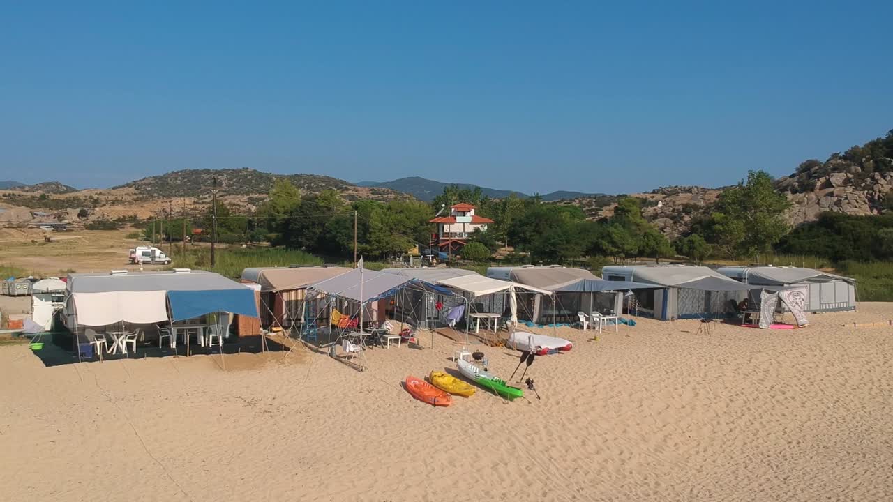 Greece Sithonia Halkidiki Camping Beach on Sunny Summer Day Travel Aerial Drone