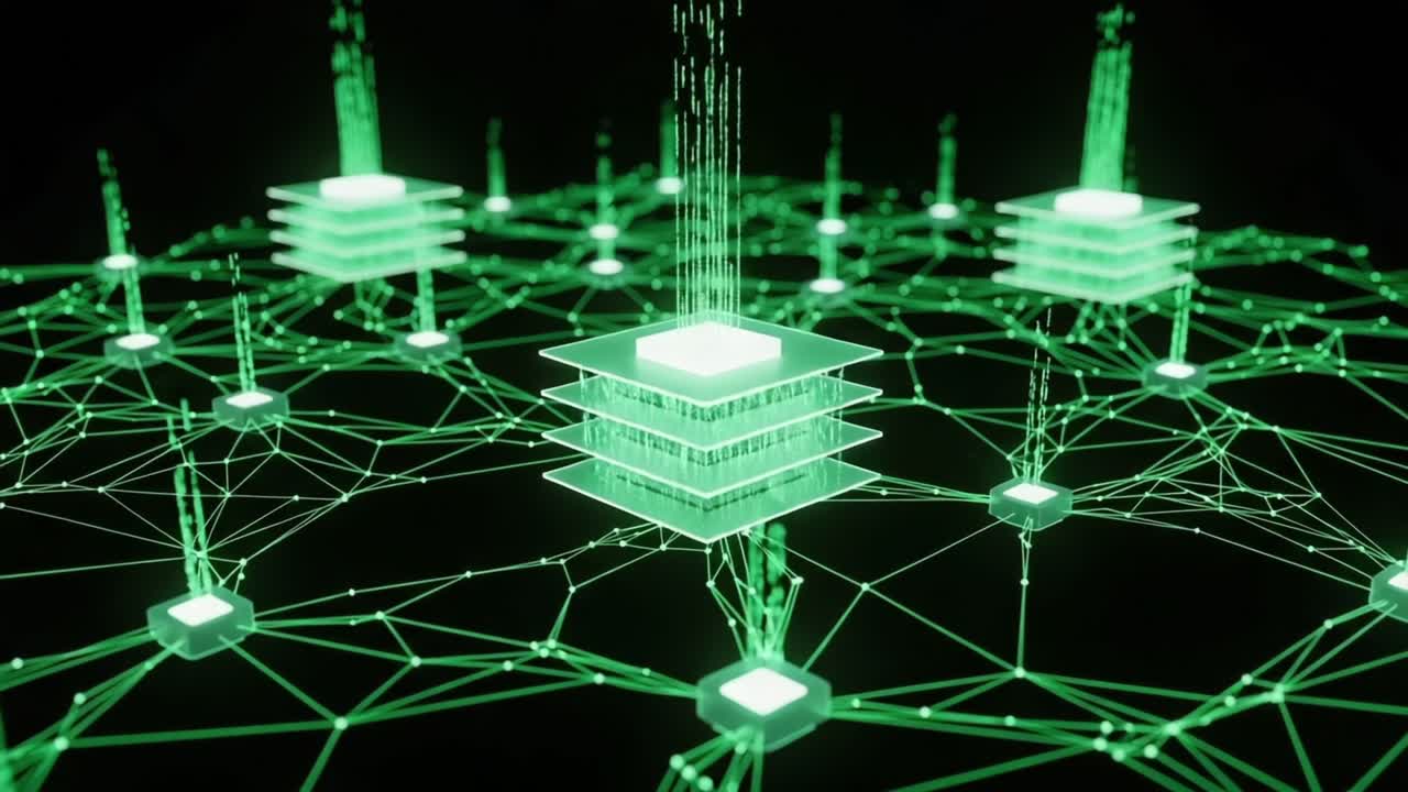 A Futuristic Network of Data Nodes Illuminated in Green, Showcasing Advanced Technology and Connectivity Between Digital Systems in a Complex Structure
