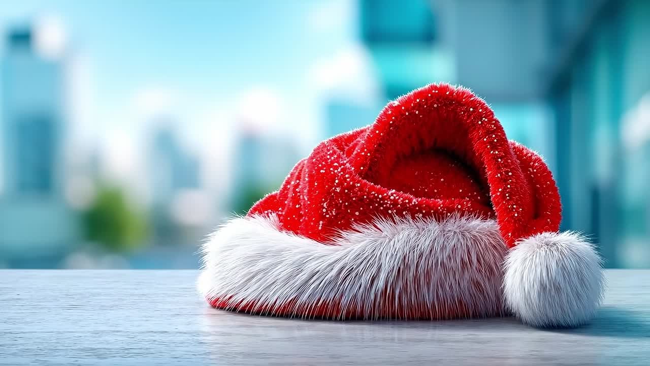 A red santa hat sitting on top of a wooden table