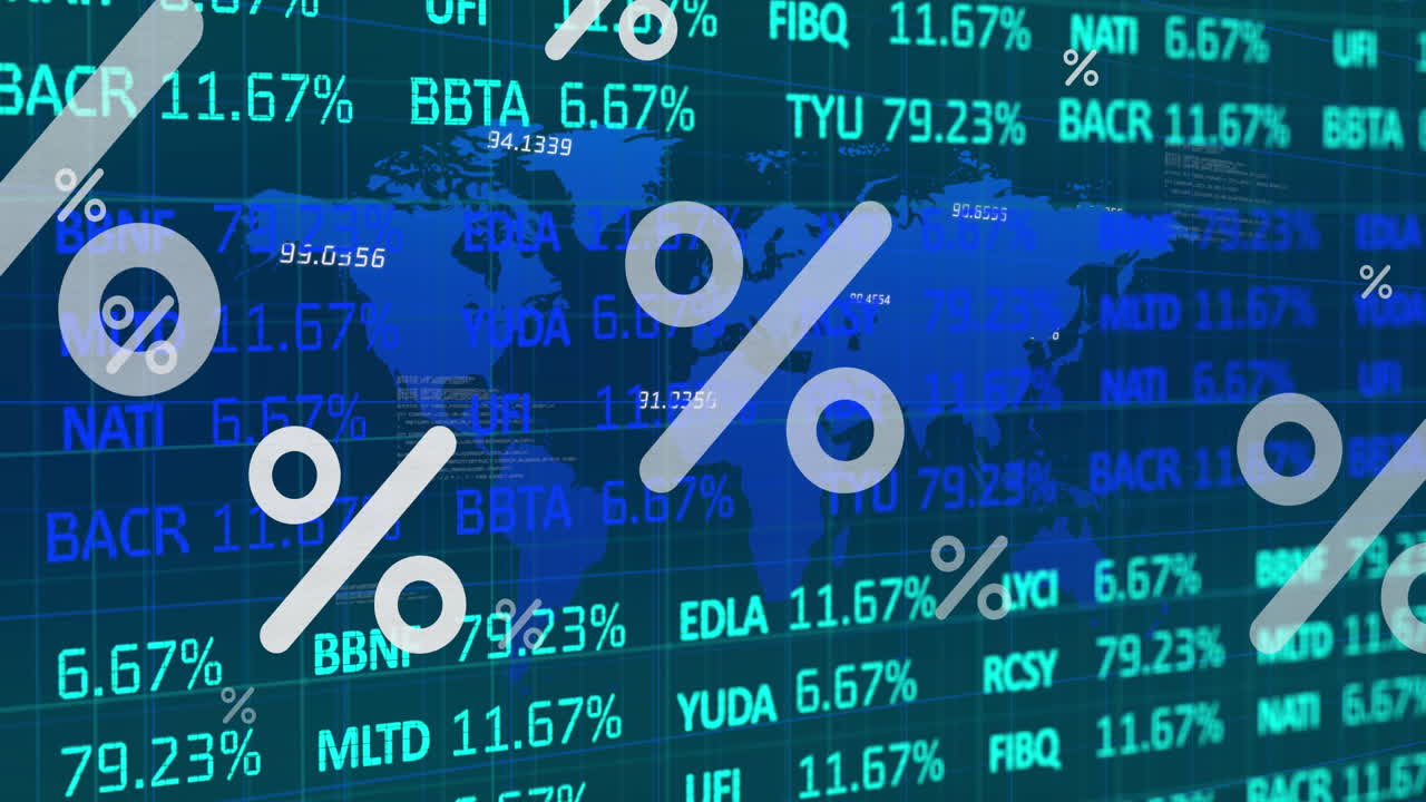 animación de símbolos de porcentaje sobre el procesamiento de datos financieros y el mapa del mundo