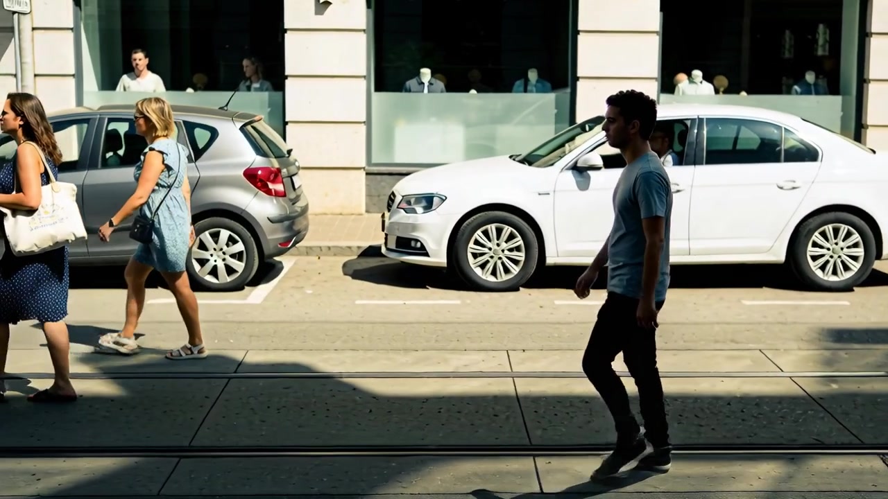 Uomo con maglietta grigia cammina lungo i binari su una strada cittadina, vicino ad auto parcheggiate, dopo il passaggio di donne, con spazio per il testo.