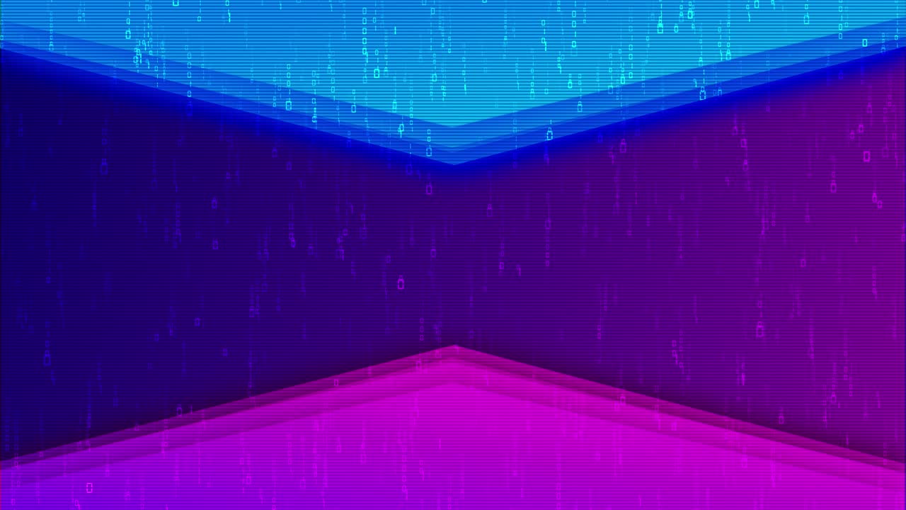 Futuristic animation binary digits over gradient mix of blue pink light beams number glitch texture