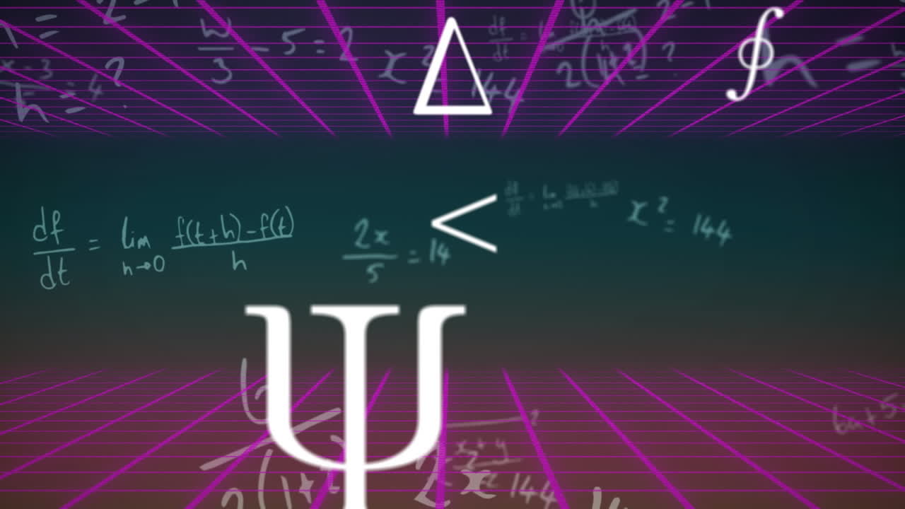 animación de ecuaciones matemáticas y símbolos en movimiento con cuadrícula iluminada sobre fondo negro